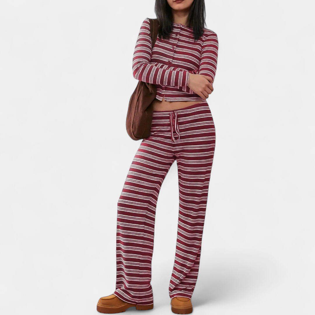 Women's Lounge Set, Stripe Wide Leg Stretchy High Neck