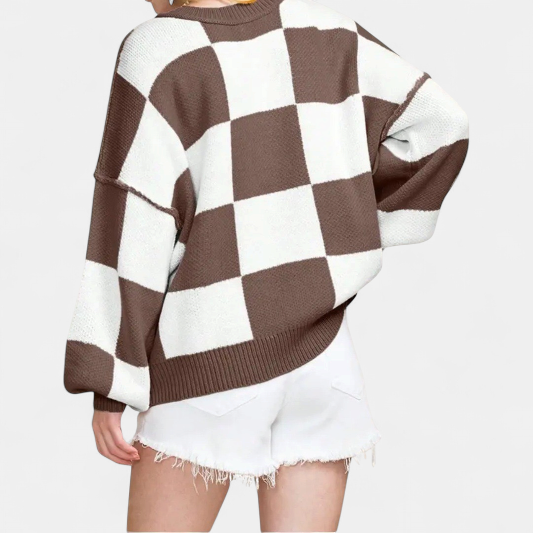 Women's Knitted Jumper, Jacquard Crew Neck Puff Sleeve