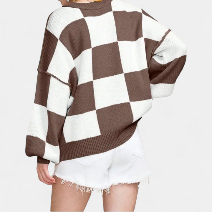 Women's Knitted Jumper, Jacquard Crew Neck Puff Sleeve