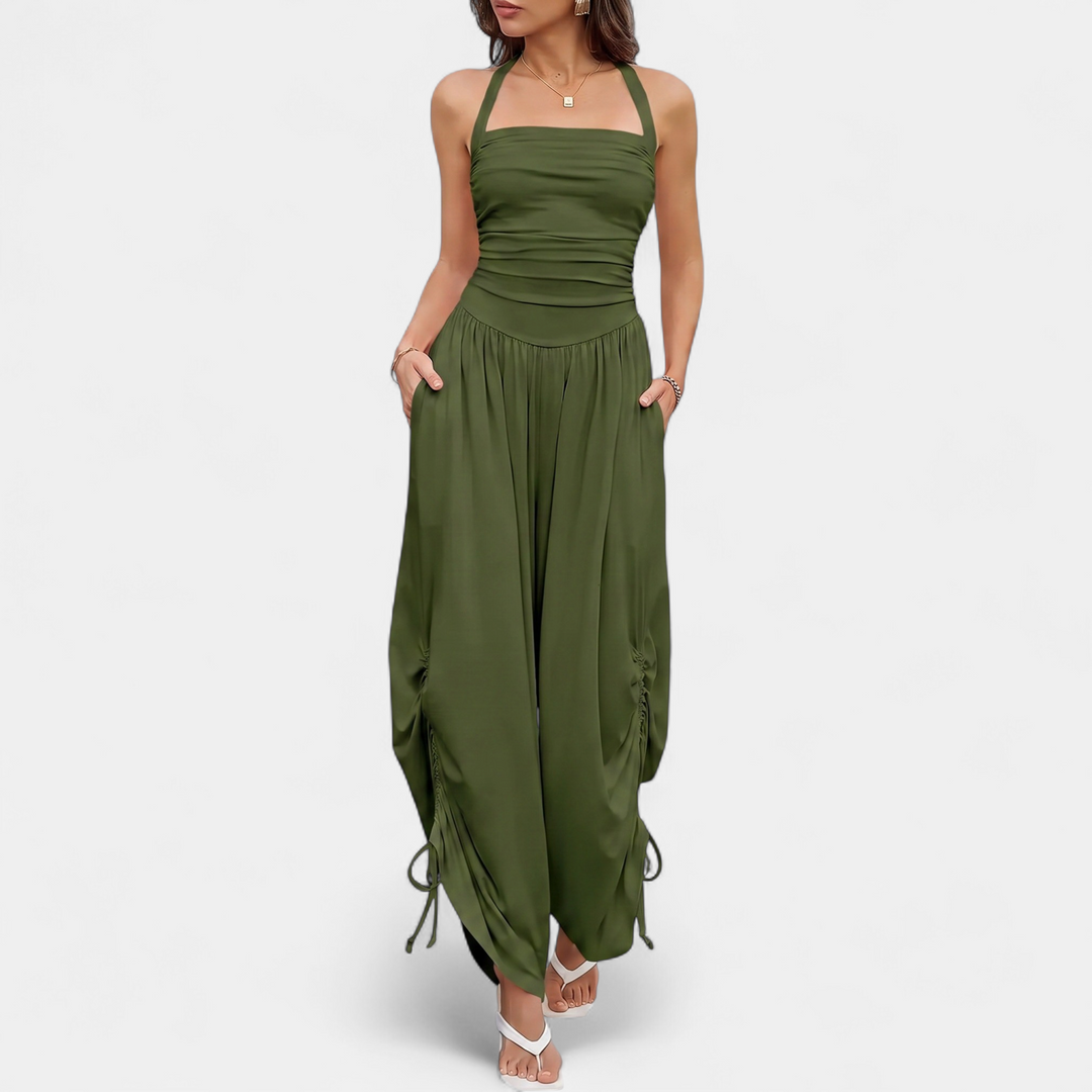 Women's Wide Leg Jumpsuit, Square Neck Ruched Side Pocket