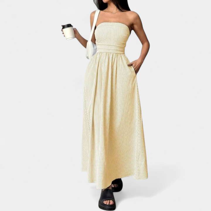 Women's Strapless Ruched Maxi Dress, Pinstripe Side Pocket A Line