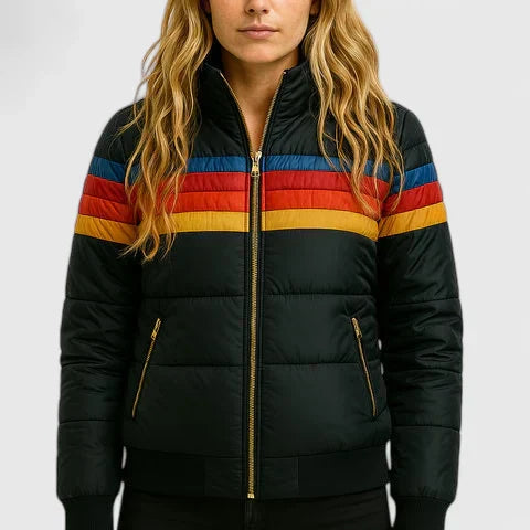 Women's Cropped Puffer Jacket, Quilted Bomber Rainbow Stripe