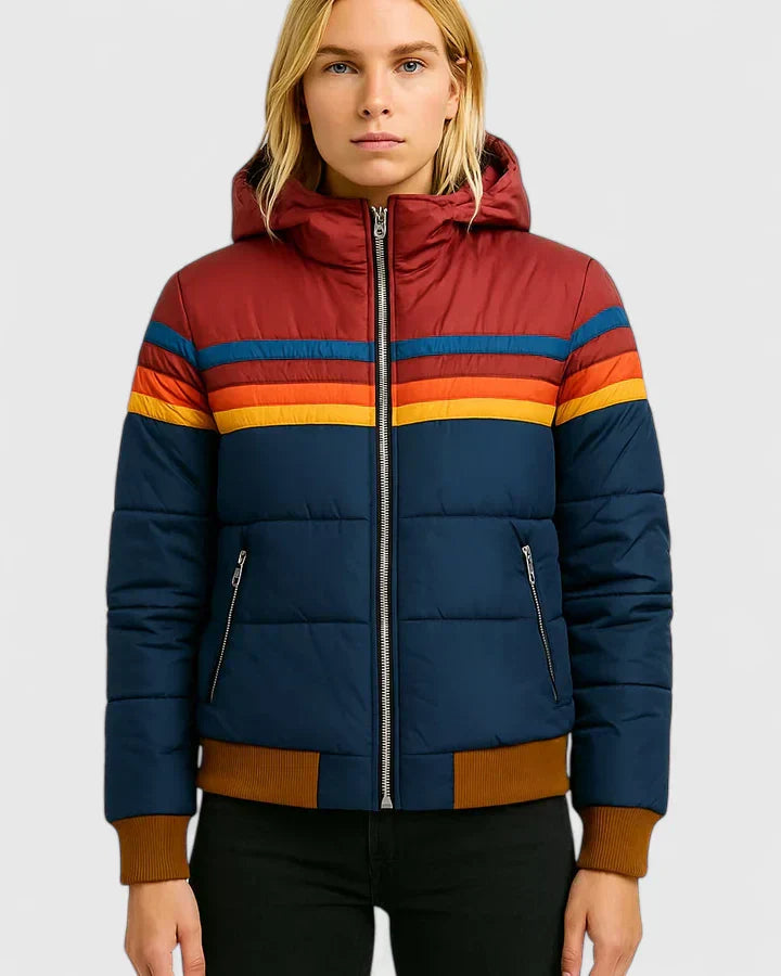 Women's Cropped Puffer Jacket, Quilted Bomber Rainbow Stripe