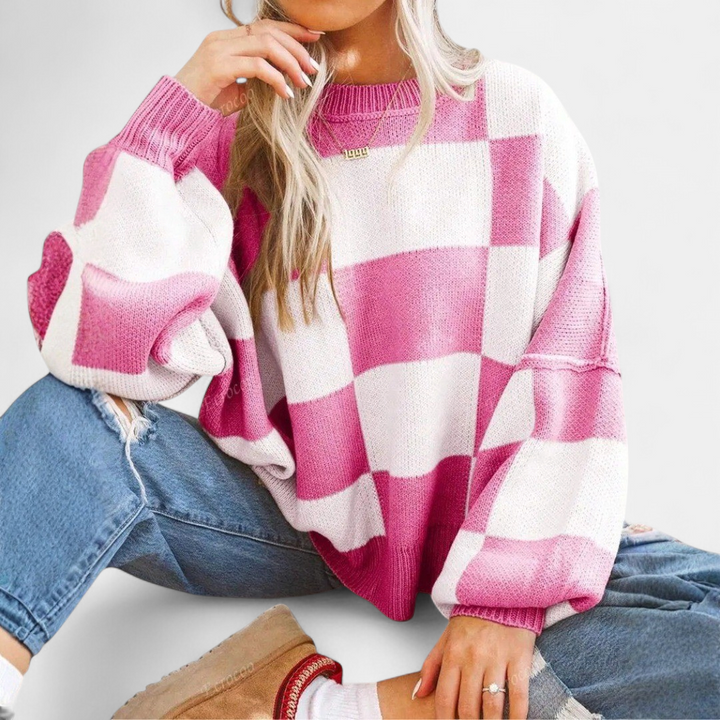 Women's Knitted Jumper, Jacquard Crew Neck Puff Sleeve