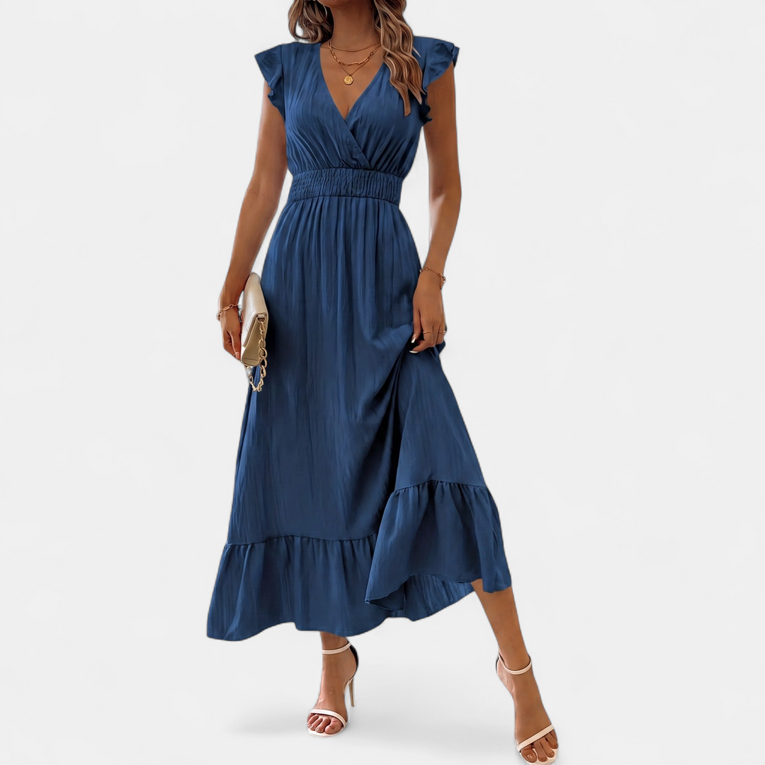 Women's Tiered Wrap Midi Dress, V Neck Ruffle Hem Smocked Waist