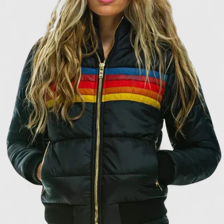 Women's Cropped Puffer Jacket, Quilted Bomber Rainbow Stripe