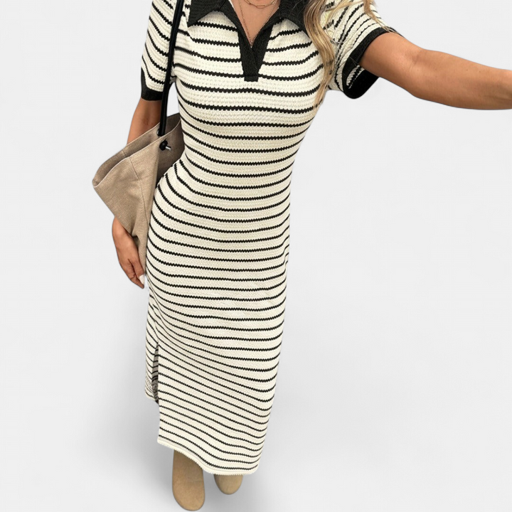 Women's Bodycon Knit Midi Dress, Slit Striped V Neck
