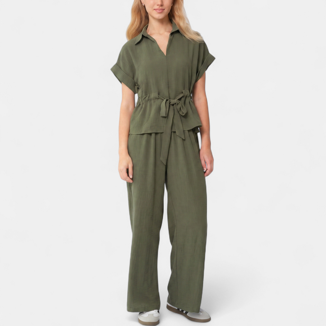 Women's Coord Set, V Neck Relaxed Wide Leg Collared