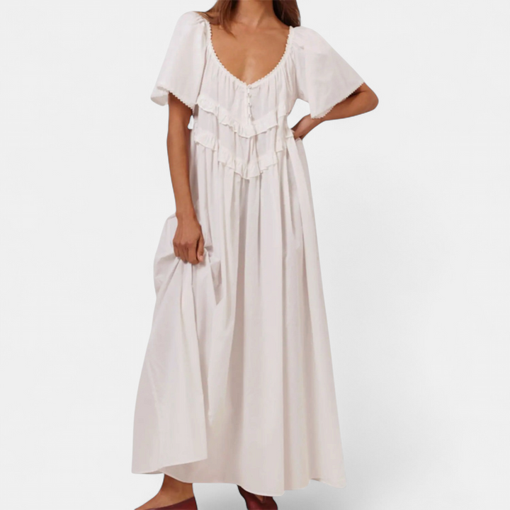 Women's Ruffle Maxi Dress, Relaxed Scoop Neck Tiered Bib