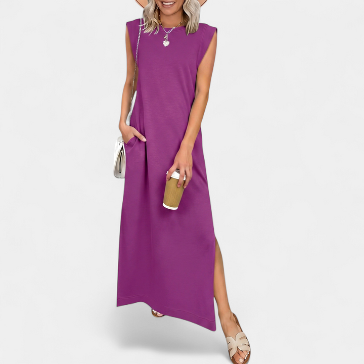 Women's Sleeveless Slit Maxi Dress, Crew Neck Side Pocket
