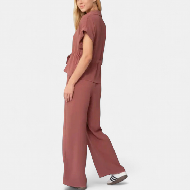 Women's Coord Set, V Neck Relaxed Wide Leg Collared