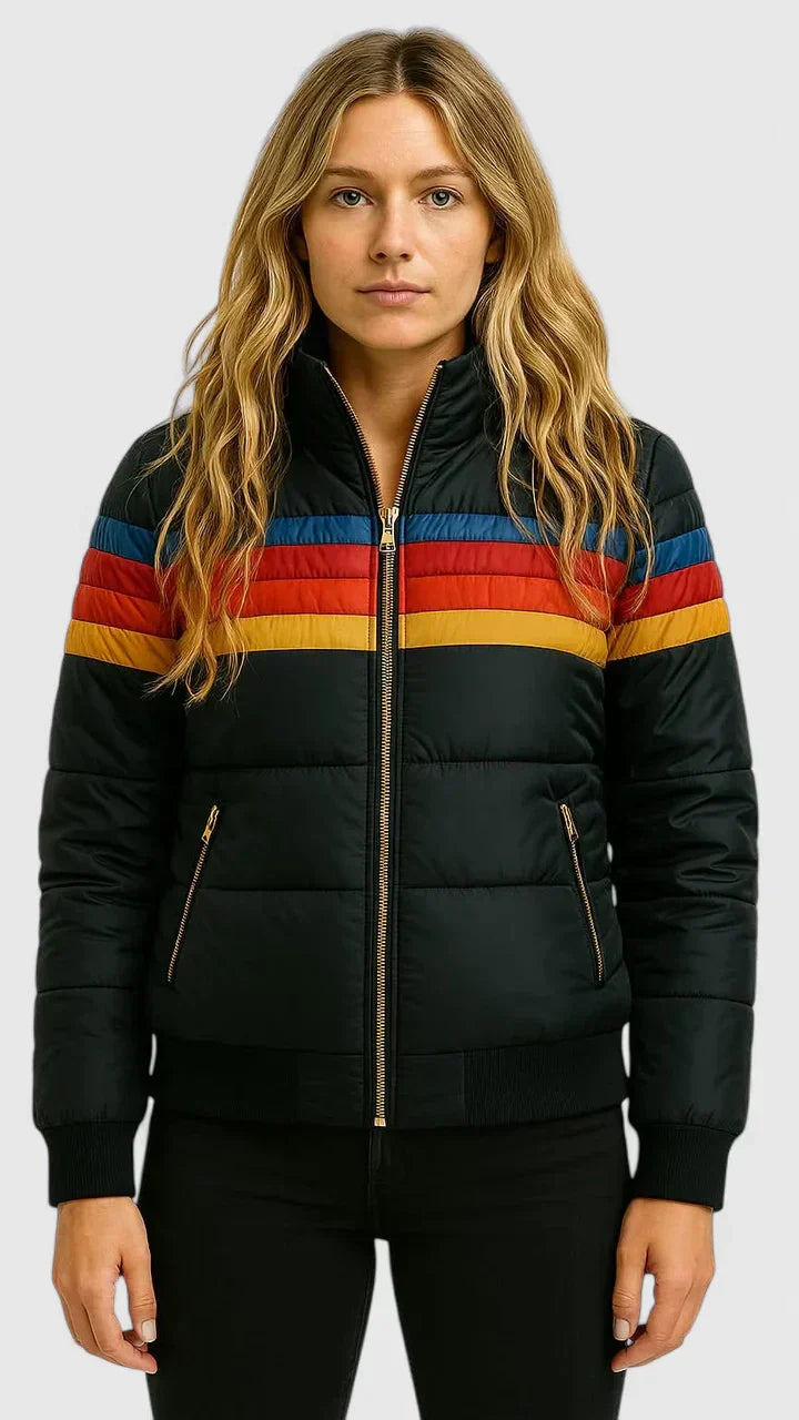 Women's Cropped Puffer Jacket, Quilted Bomber Rainbow Stripe