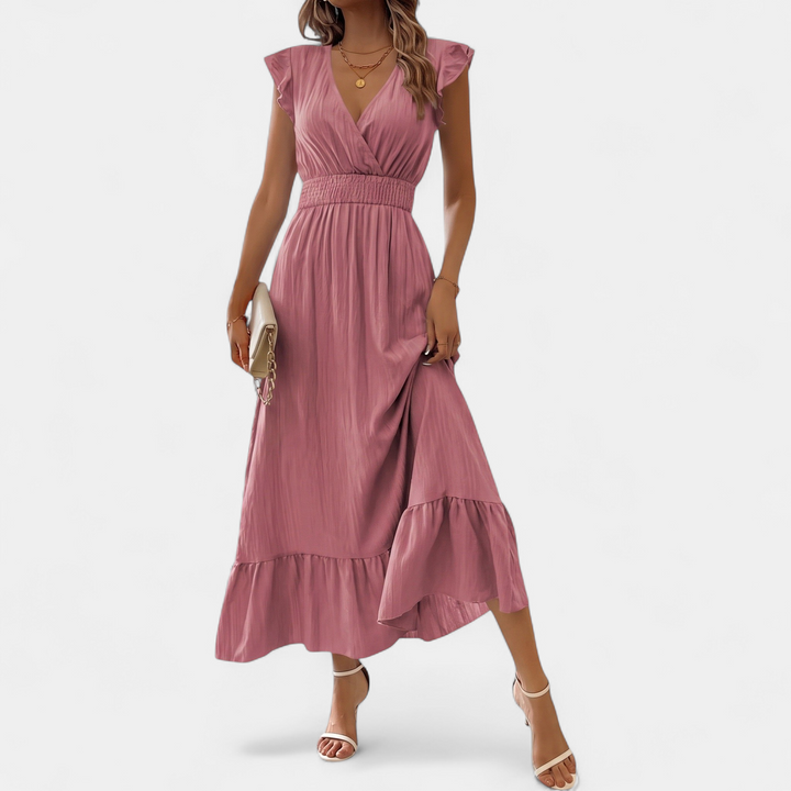 Women's Tiered Wrap Midi Dress, V Neck Ruffle Hem Smocked Waist