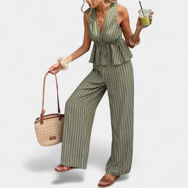 Women's Wide Leg Striped Co Ord Set, Peplum V Neck