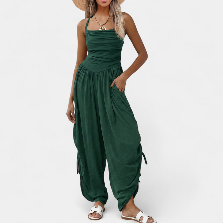 Women's Wide Leg Jumpsuit, Square Neck Ruched Side Pocket