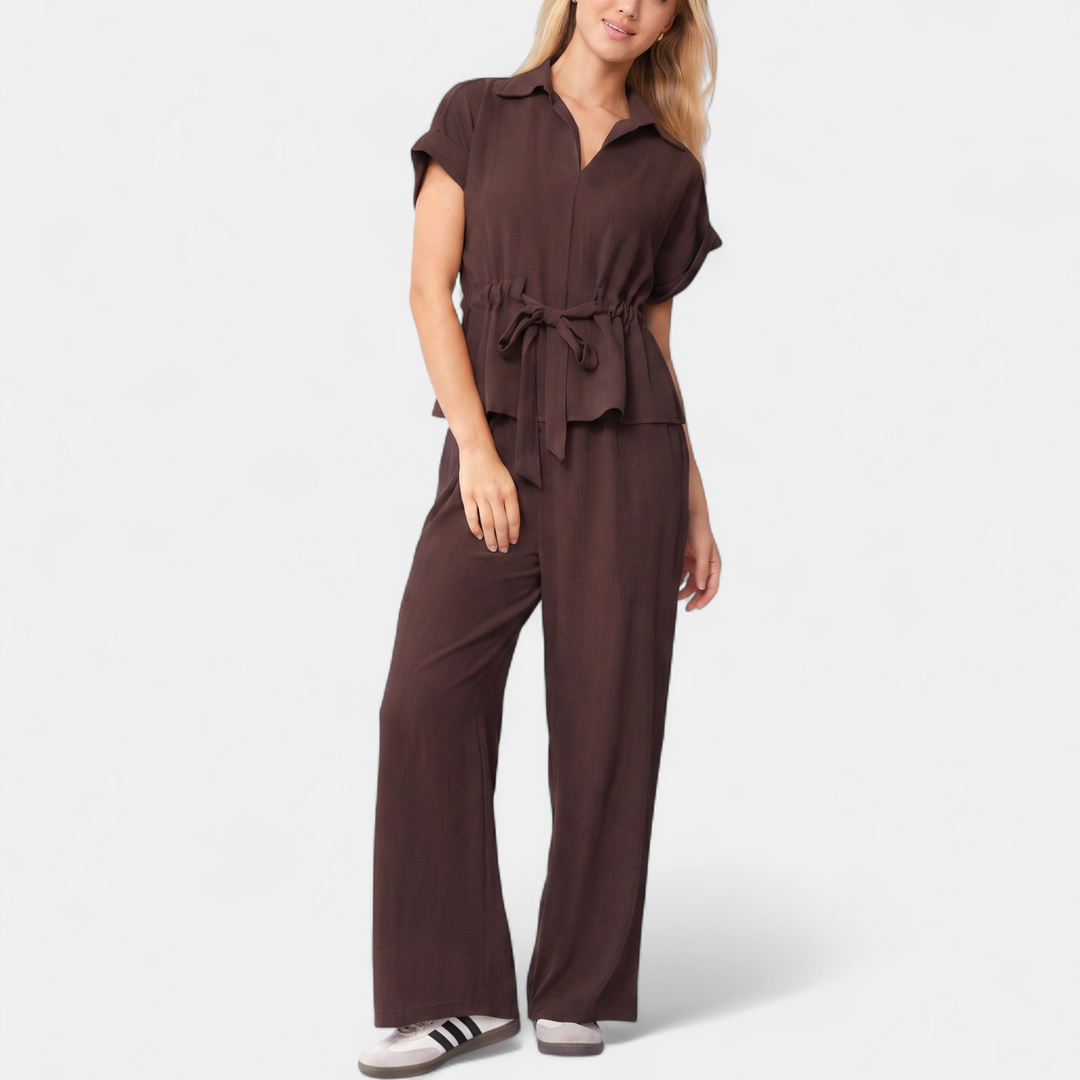 Women's Coord Set, V Neck Relaxed Wide Leg Collared