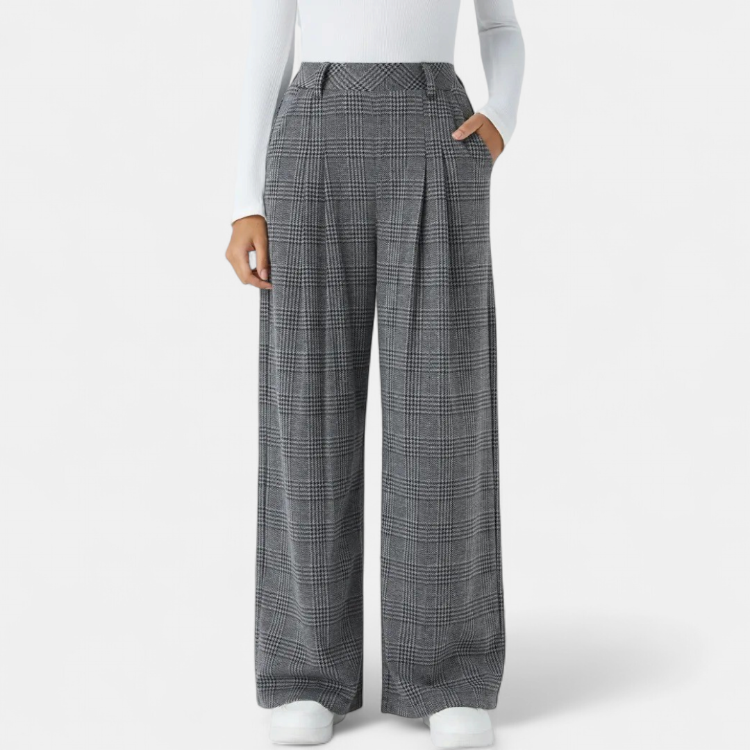 Women's Work Trousers, Belt Loop High Waist Glen Plaid