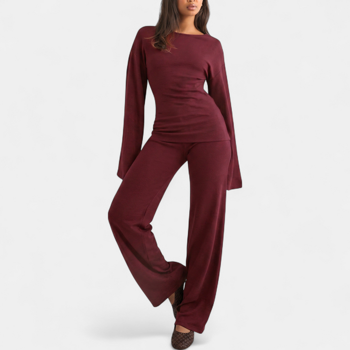 Women's Coord Set, Wide Leg High Neck Bell Sleeve Monochromatic