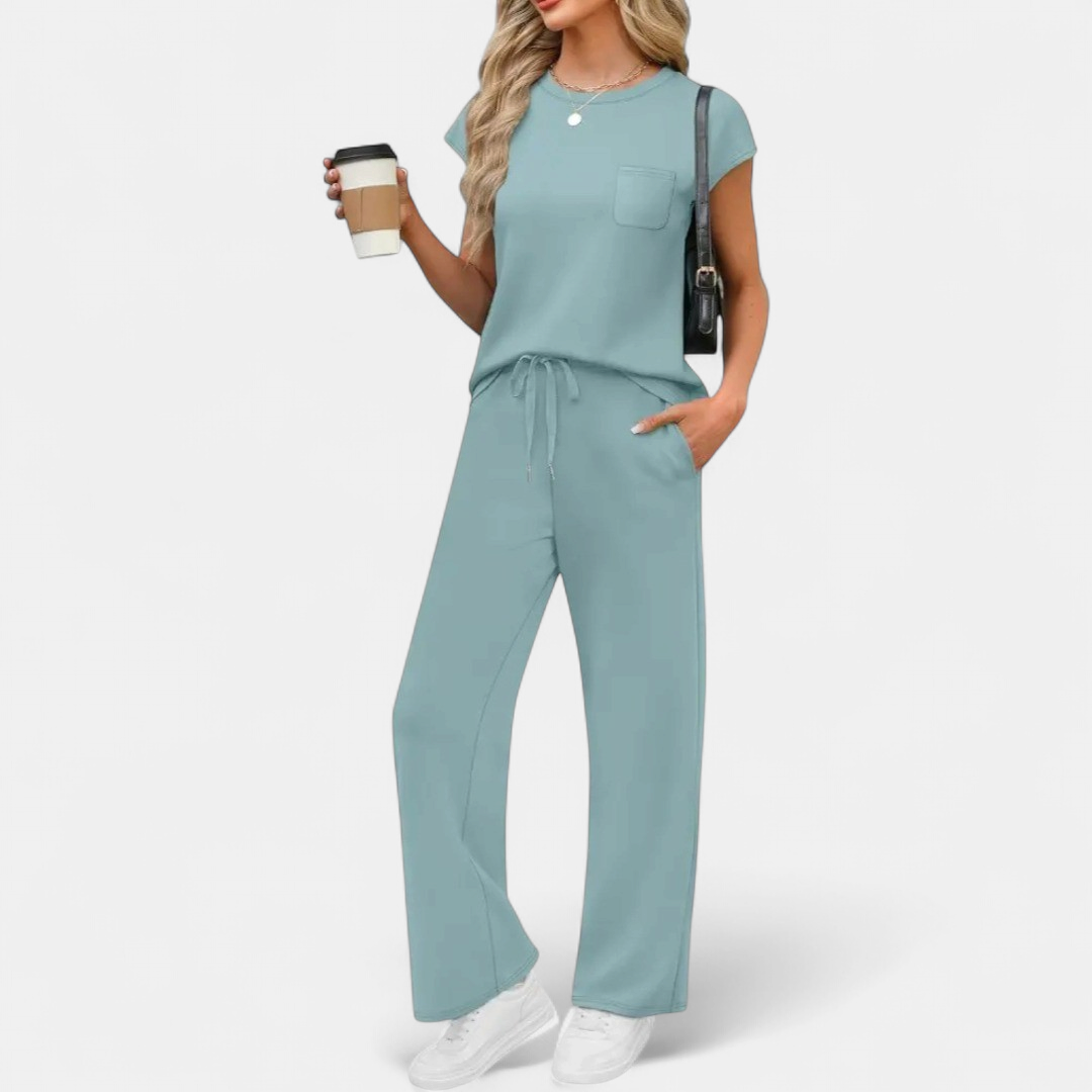 Women's Wide Leg Co Ord Loungewear Set, Relaxed Crew Neck