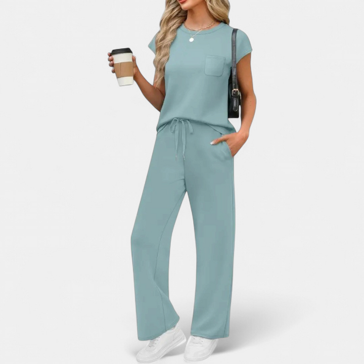 Women's Wide Leg Co Ord Loungewear Set, Relaxed Crew Neck