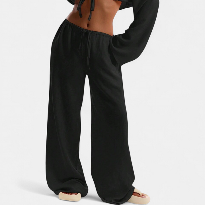 Women's Drawstring Low Rise Wide Leg Trousers, Loose Fit