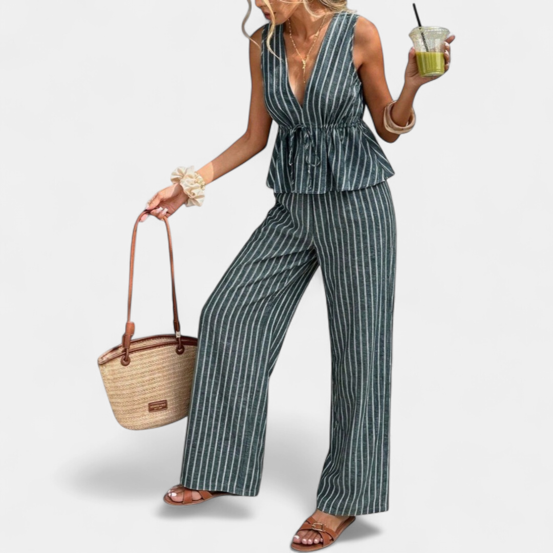 Women's Wide Leg Striped Co Ord Set, Peplum V Neck