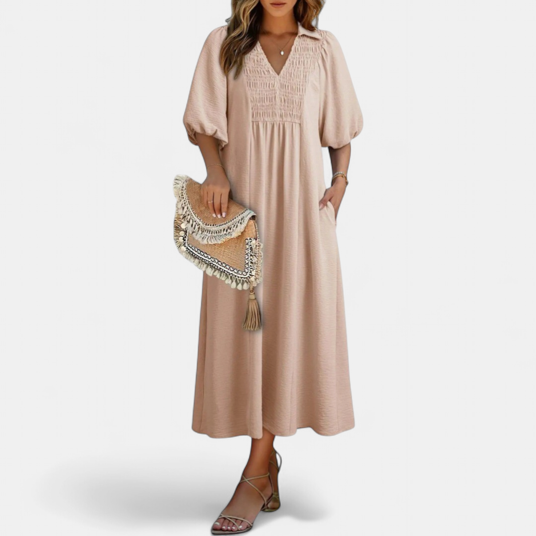 Women's Puff Sleeve V Neck Midi Dress, Collar Side Pocket