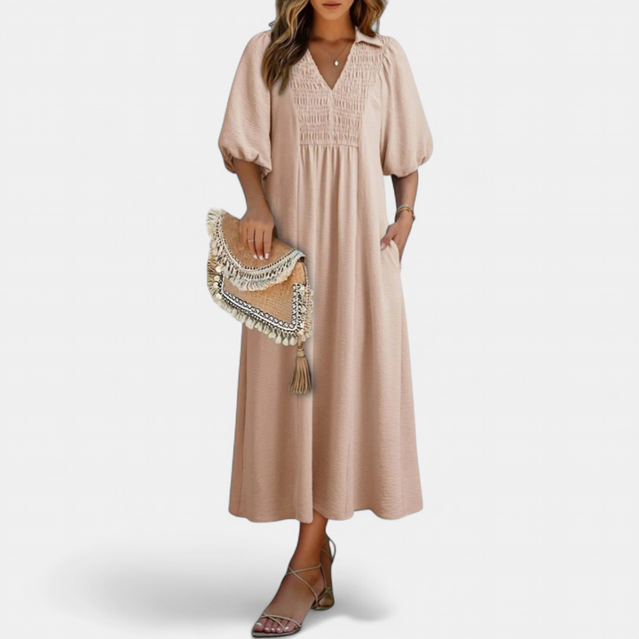 Women's Puff Sleeve V Neck Midi Dress, Collar Side Pocket