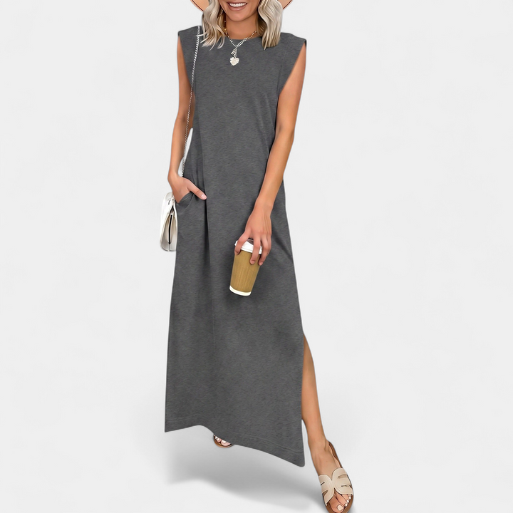 Women's Sleeveless Slit Maxi Dress, Crew Neck Side Pocket