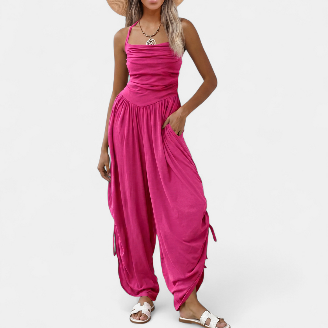 Women's Wide Leg Jumpsuit, Square Neck Ruched Side Pocket