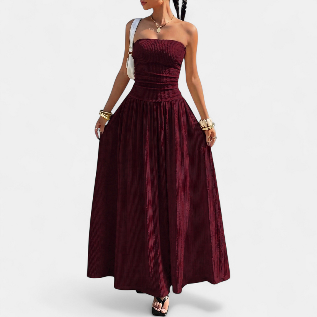 Women's Strapless Maxi Dress, Ruched Ribbed Stretch A Line