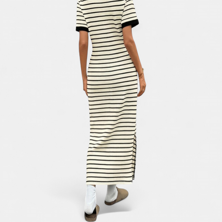 Women's Bodycon Knit Midi Dress, Slit Striped V Neck