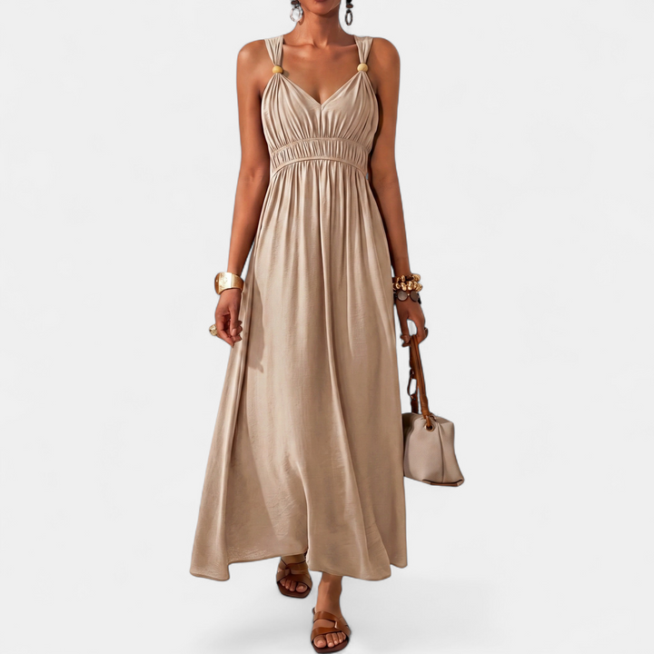 Women's Bead V Neck Maxi Dress, Sleeveless Ruched Wide Strap