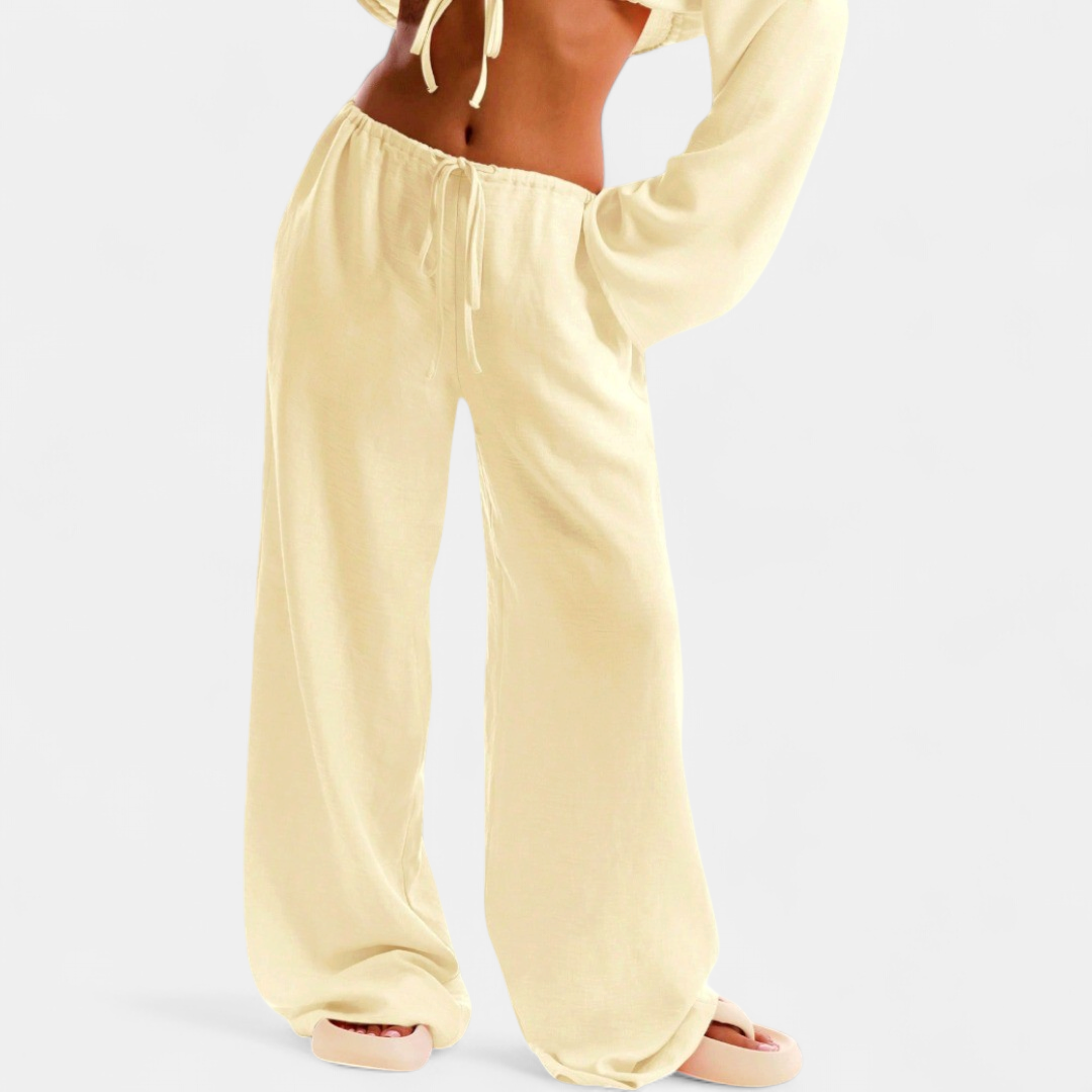 Women's Drawstring Low Rise Wide Leg Trousers, Loose Fit