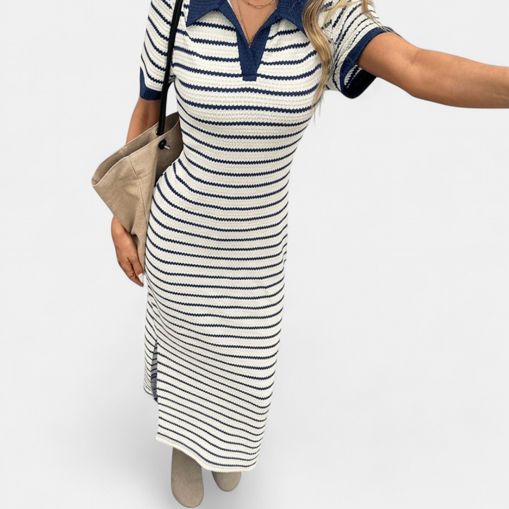 Women's Bodycon Knit Midi Dress, Slit Striped V Neck