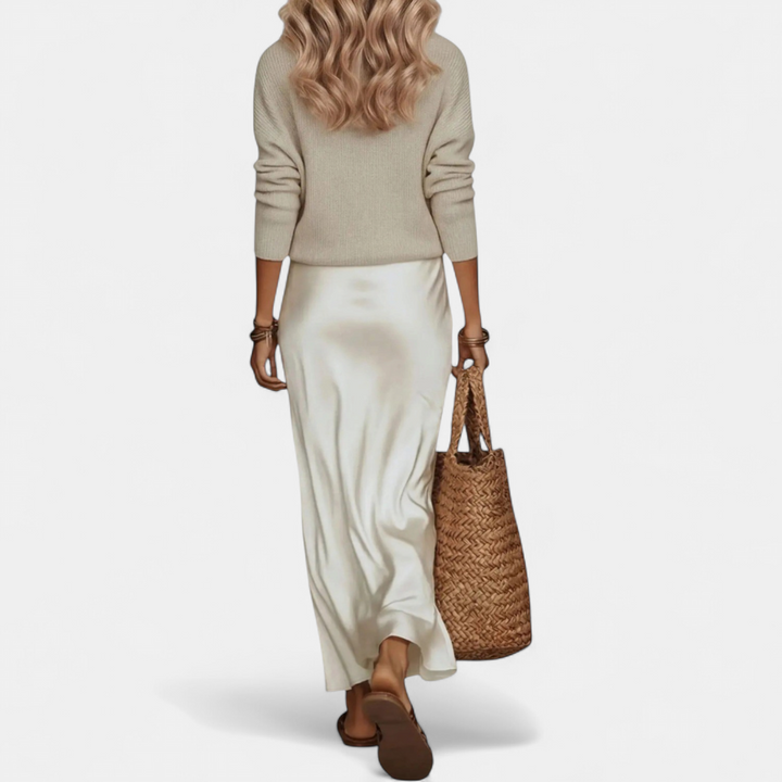 Women's Coord Set, Midi Satin Relaxed Ribbed Knit A Line
