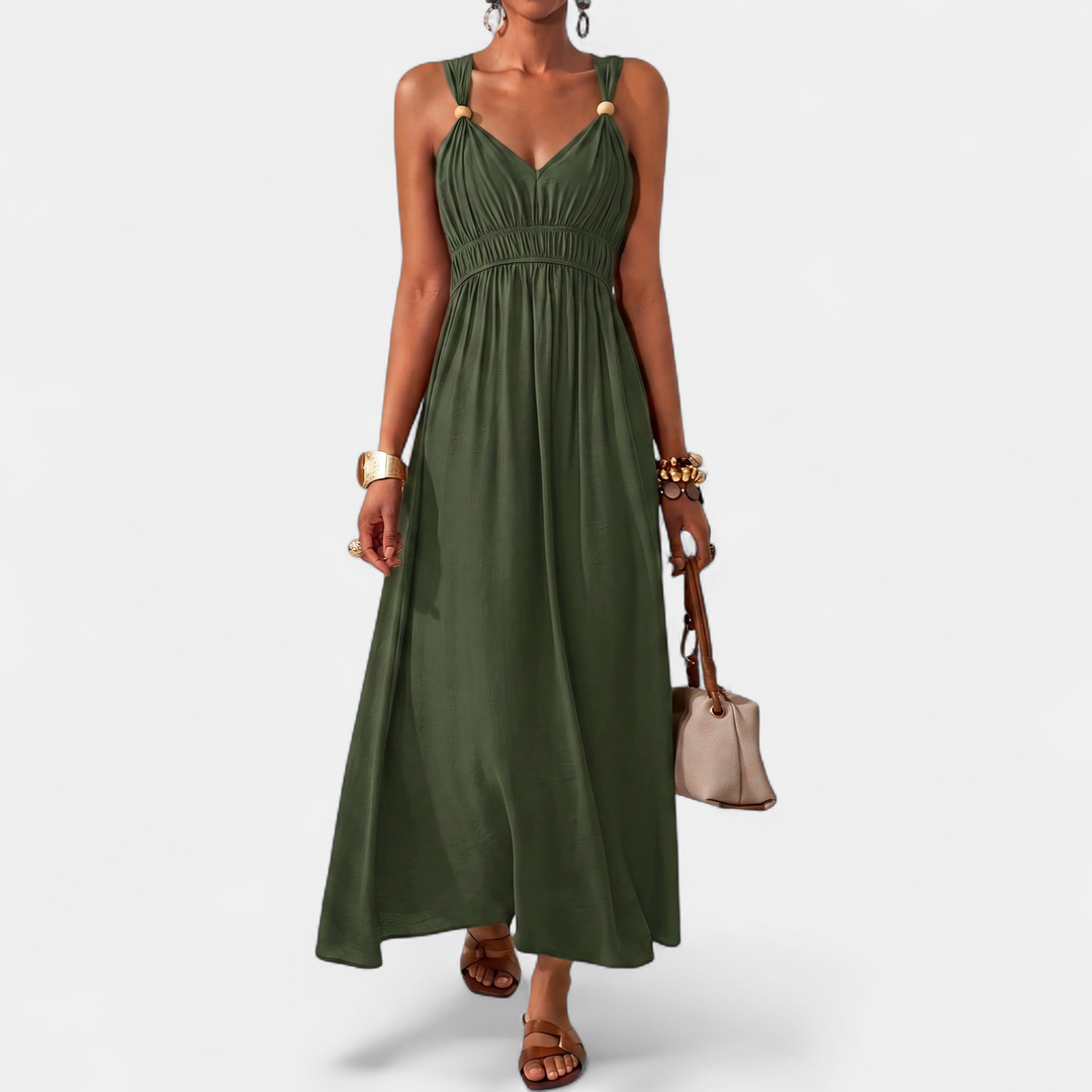 Women's Bead V Neck Maxi Dress, Sleeveless Ruched Wide Strap