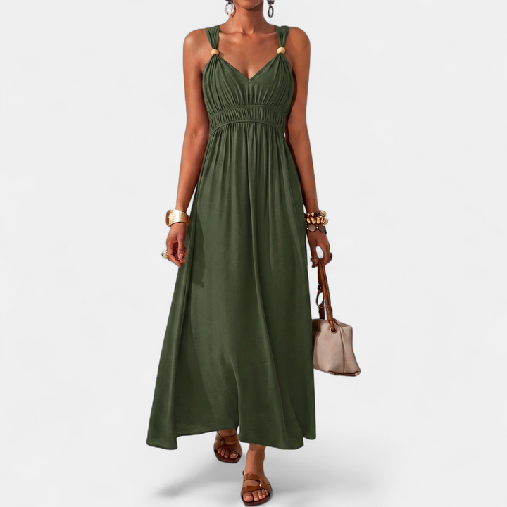 Women's Bead V Neck Maxi Dress, Sleeveless Ruched Wide Strap