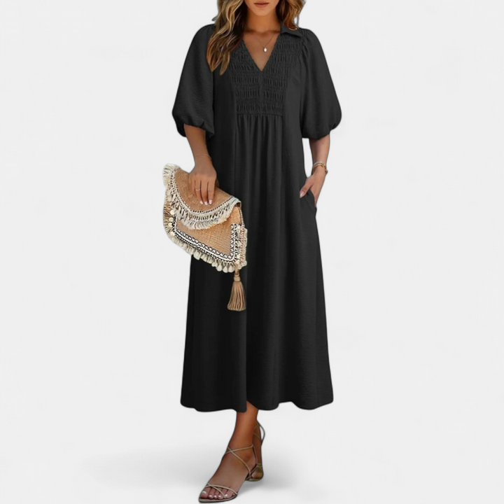 Women's Puff Sleeve V Neck Midi Dress, Collar Side Pocket