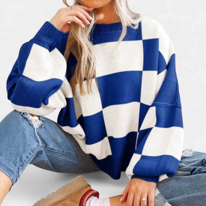 Women's Knitted Jumper, Jacquard Crew Neck Puff Sleeve