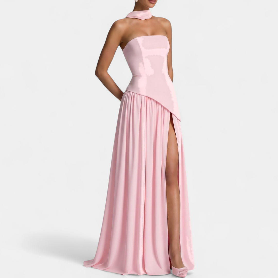 Women's Strapless Corset Maxi Dress, Pleated Back Zip