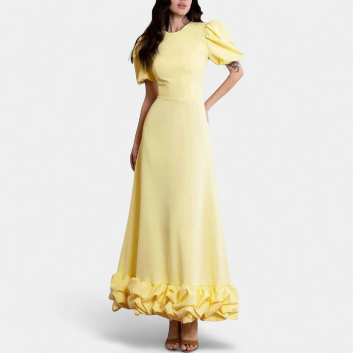 Women's Puff Sleeve Midi Dress, Round Neck Ruffle Hem Hourglass Fit