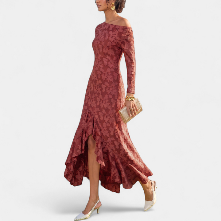 Women's Christmas Party Dress, Midi Ruched Floral Jacquard
