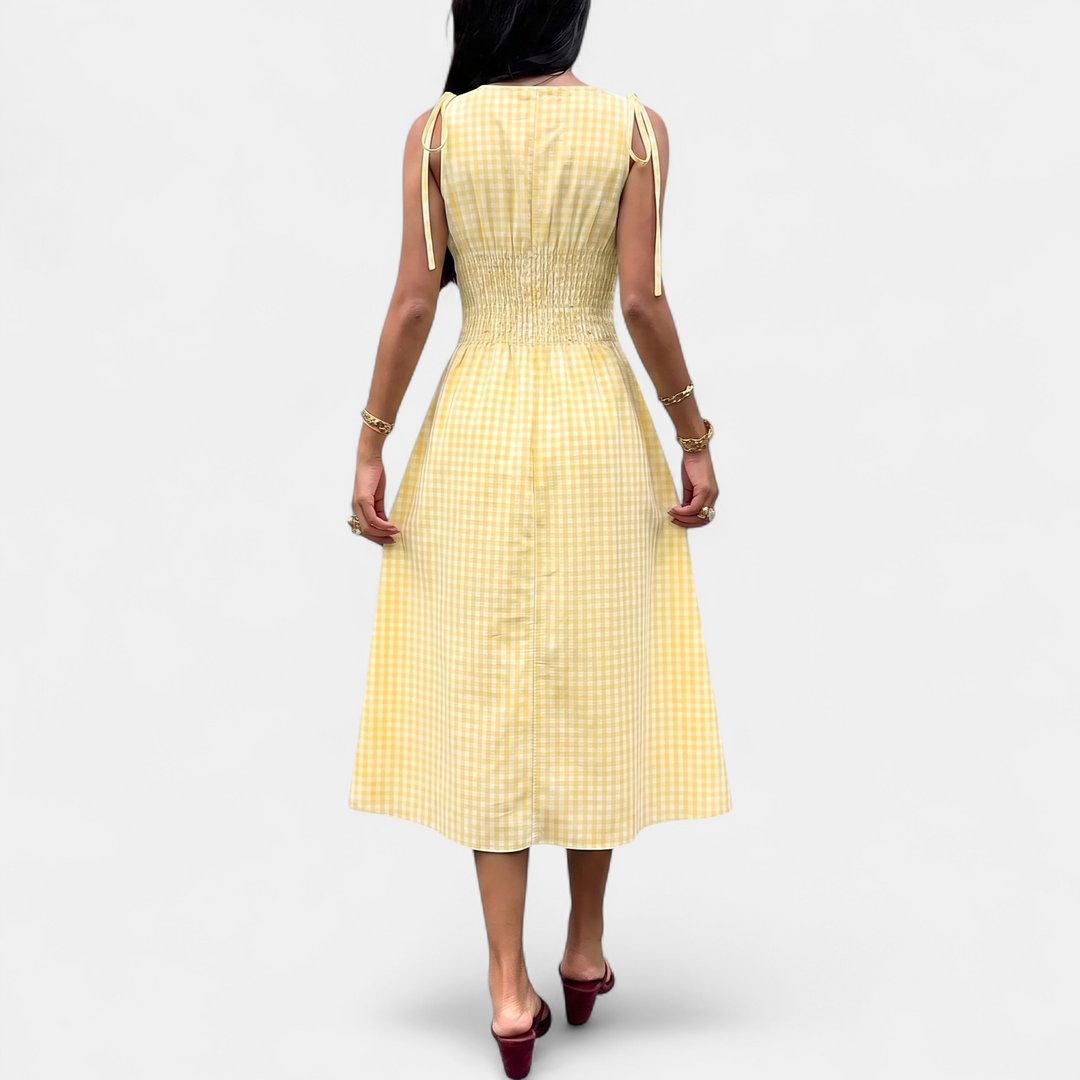 Women's Check Ruffle Midi Dress, Strappy Gingham Slit
