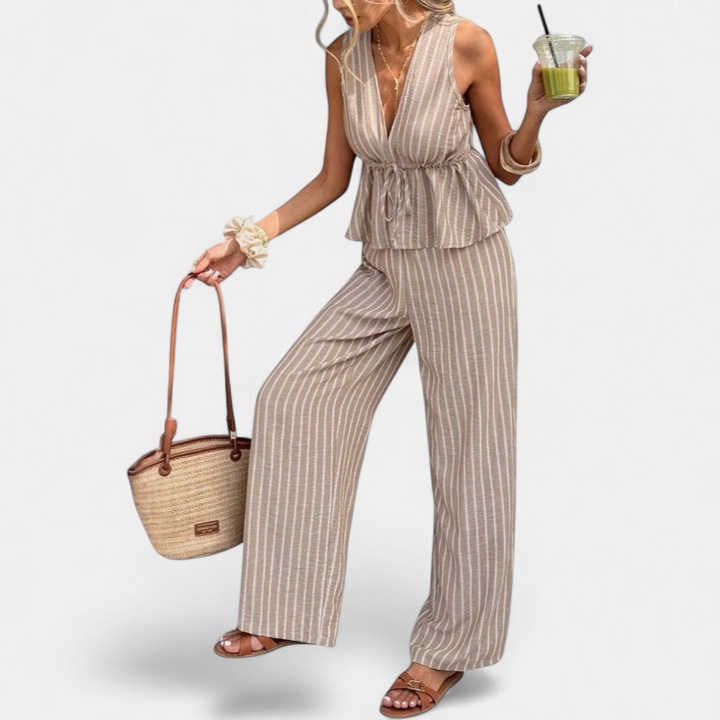 Women's Wide Leg Striped Co Ord Set, Peplum V Neck