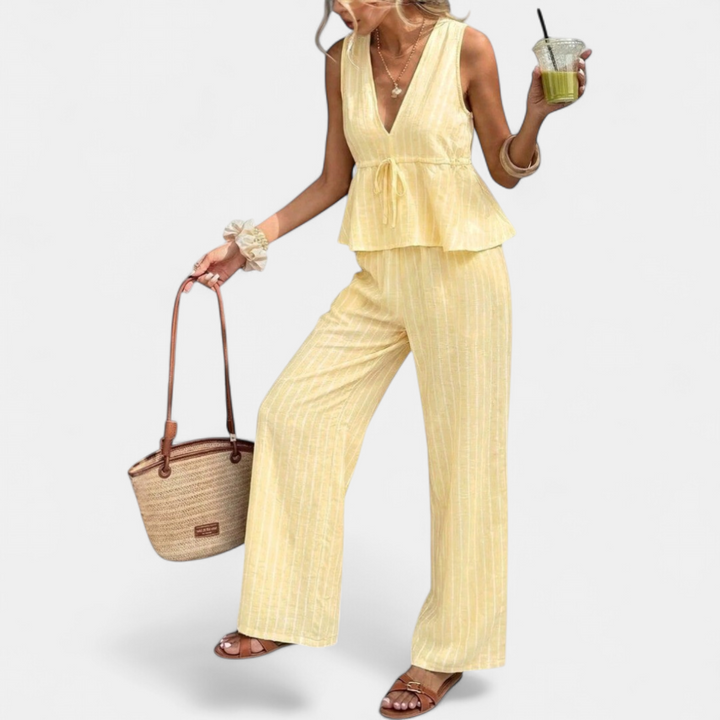 Women's Wide Leg Striped Co Ord Set, Peplum V Neck