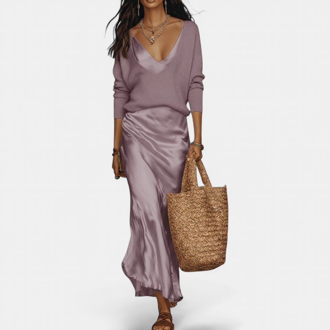 Women's Coord Set, Midi Satin Relaxed Ribbed Knit A Line