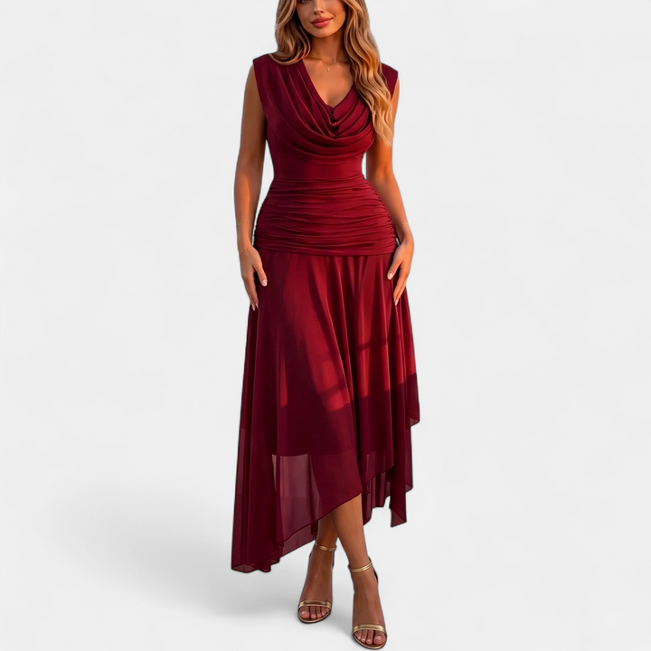 Women's Midi Cocktail Dress, Ruched Cowl Neck Sleeveless