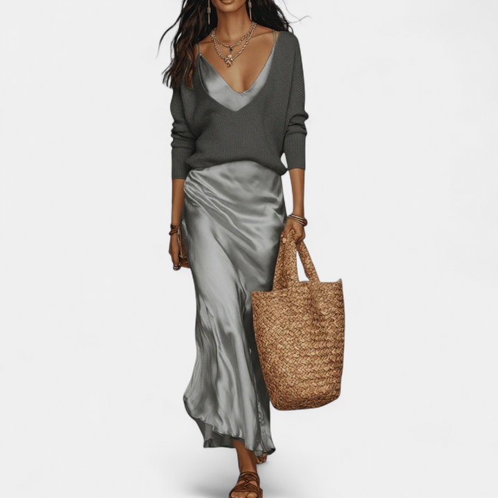 Women's Coord Set, Midi Satin Relaxed Ribbed Knit A Line