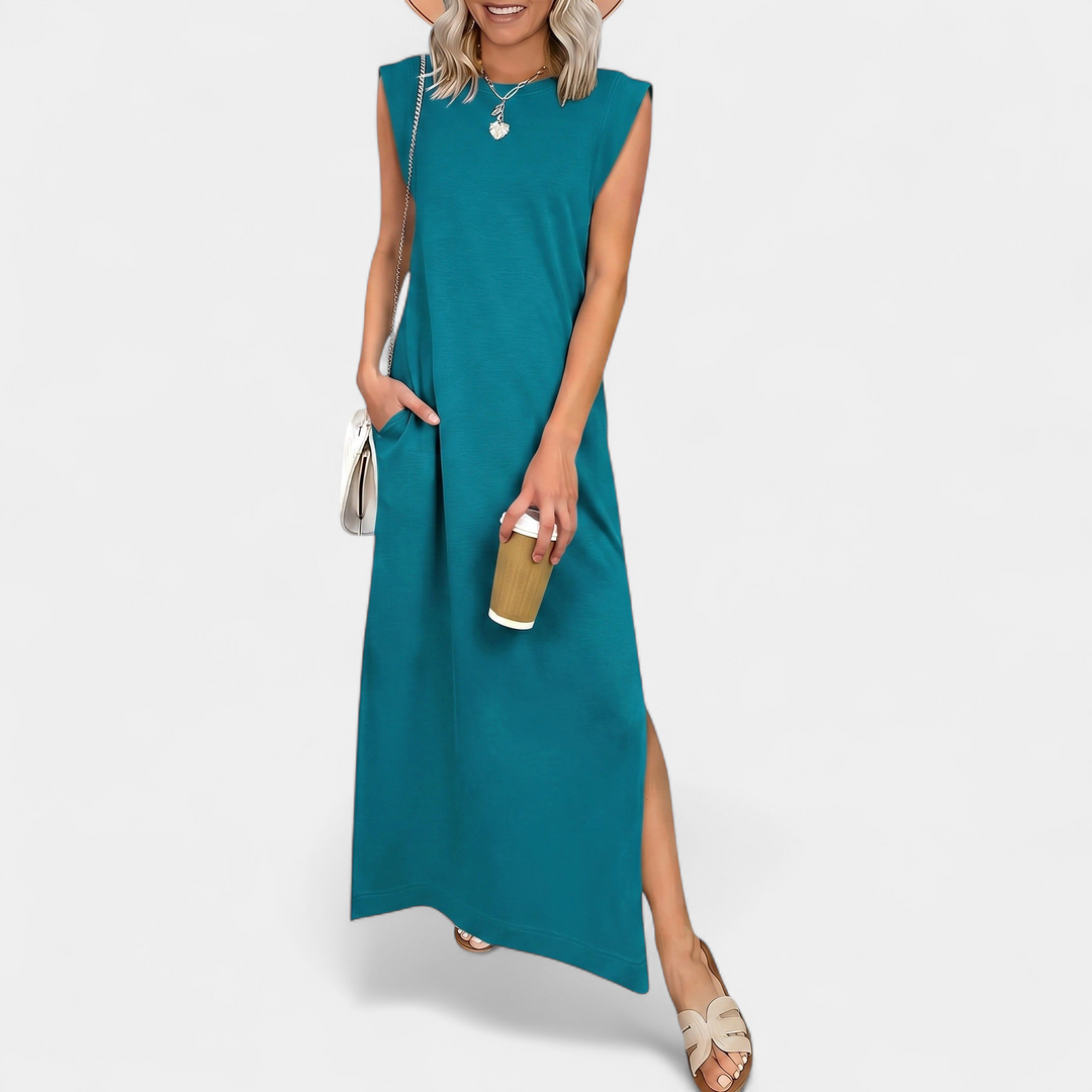 Women's Sleeveless Slit Maxi Dress, Crew Neck Side Pocket